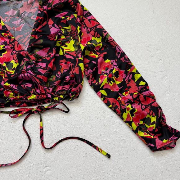 Open Edit Satin Floral Wrap Style Crop Top XS Long Sleeve Back Tie Elastic Waist - Picture 3 of 6